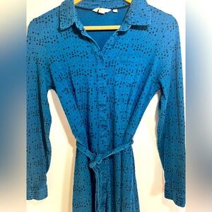 Boden Jersey Midi Dress Women 8R Teal dots Collared V-Neck Long Sleeve
